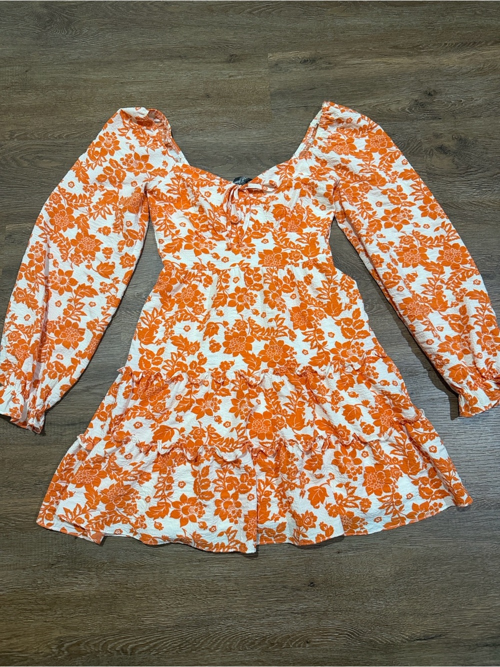 Crystal Doll Orange White Floral Smocked Tiered Ruffle Mini Dress XS - Picture 2 of 11